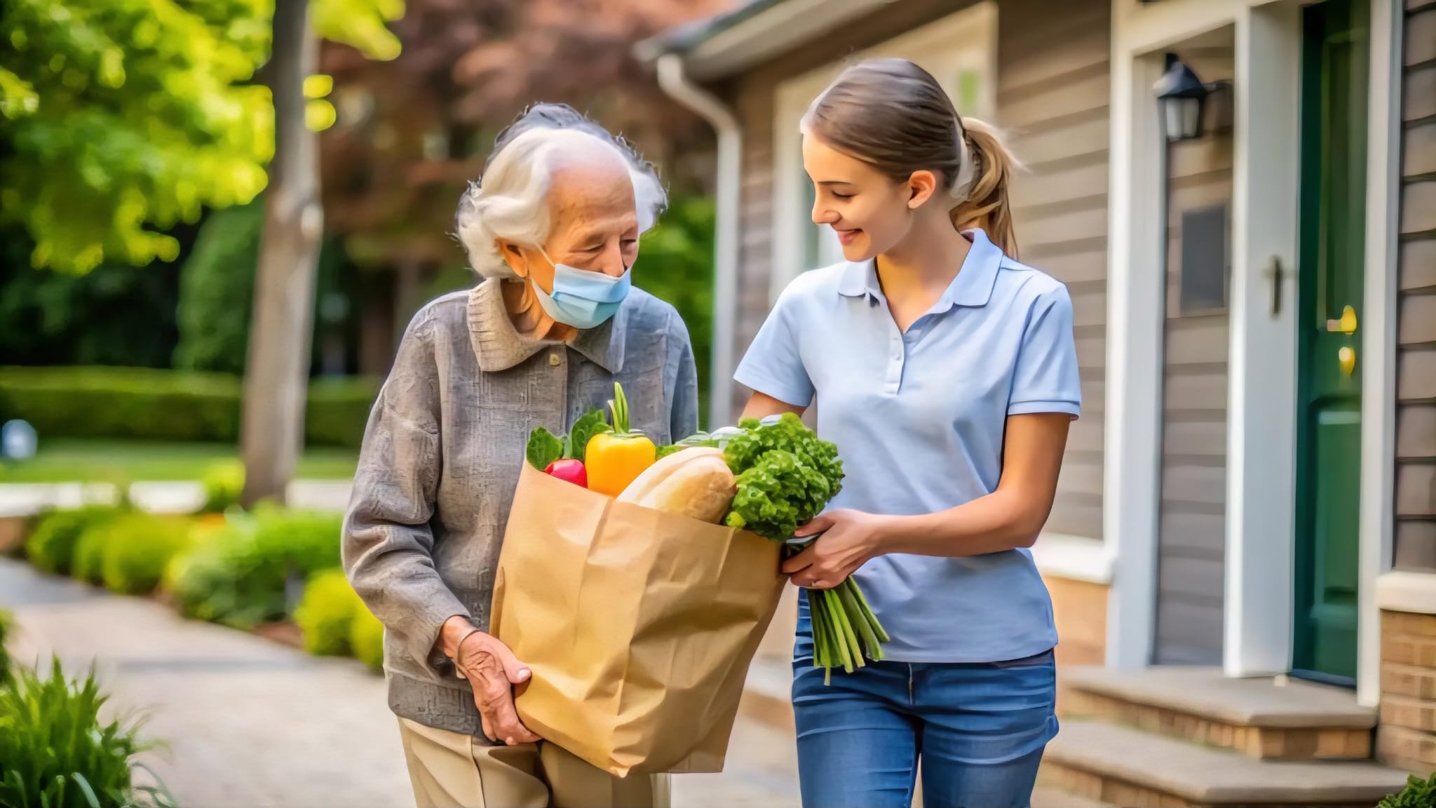 Home care caregiver assisting senior with grocery shopping and home management services